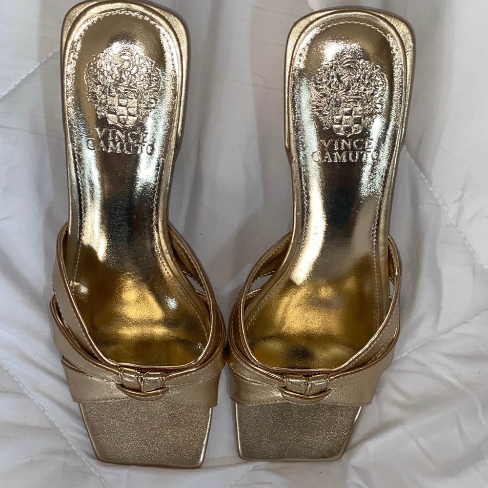 Vince Camuto Metallic Gold Square Toe Slide Mules